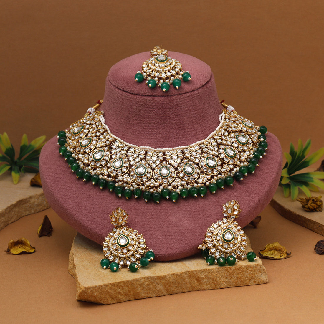 Meadow Green Color Kundan Necklace Set Jewellery GetGlit