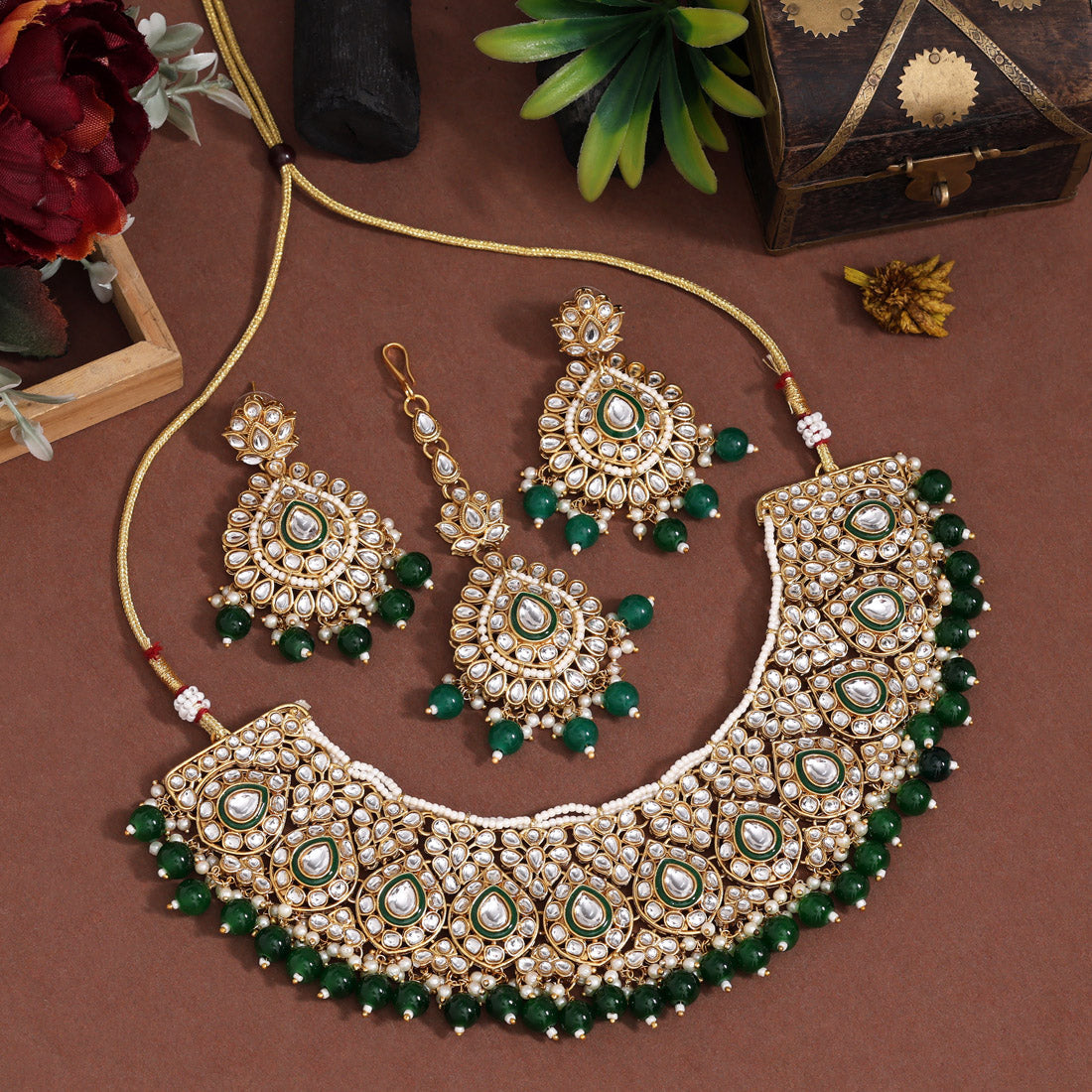 Meadow Green Color Kundan Necklace Set Jewellery GetGlit