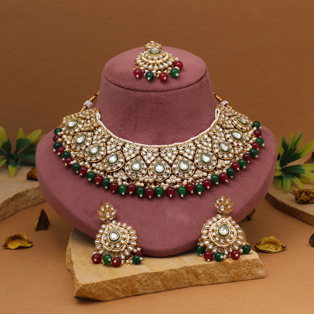 Fusion Maroon & Green Color Kundan Necklace Set Jewellery GetGlit