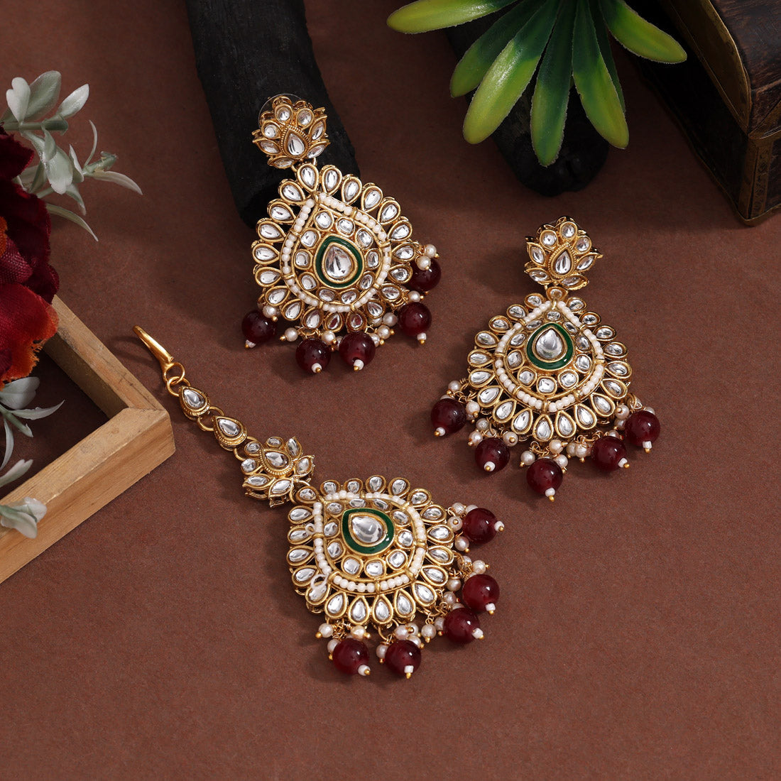 Deep Maroon Color Kundan Necklace Set Jewellery GetGlit