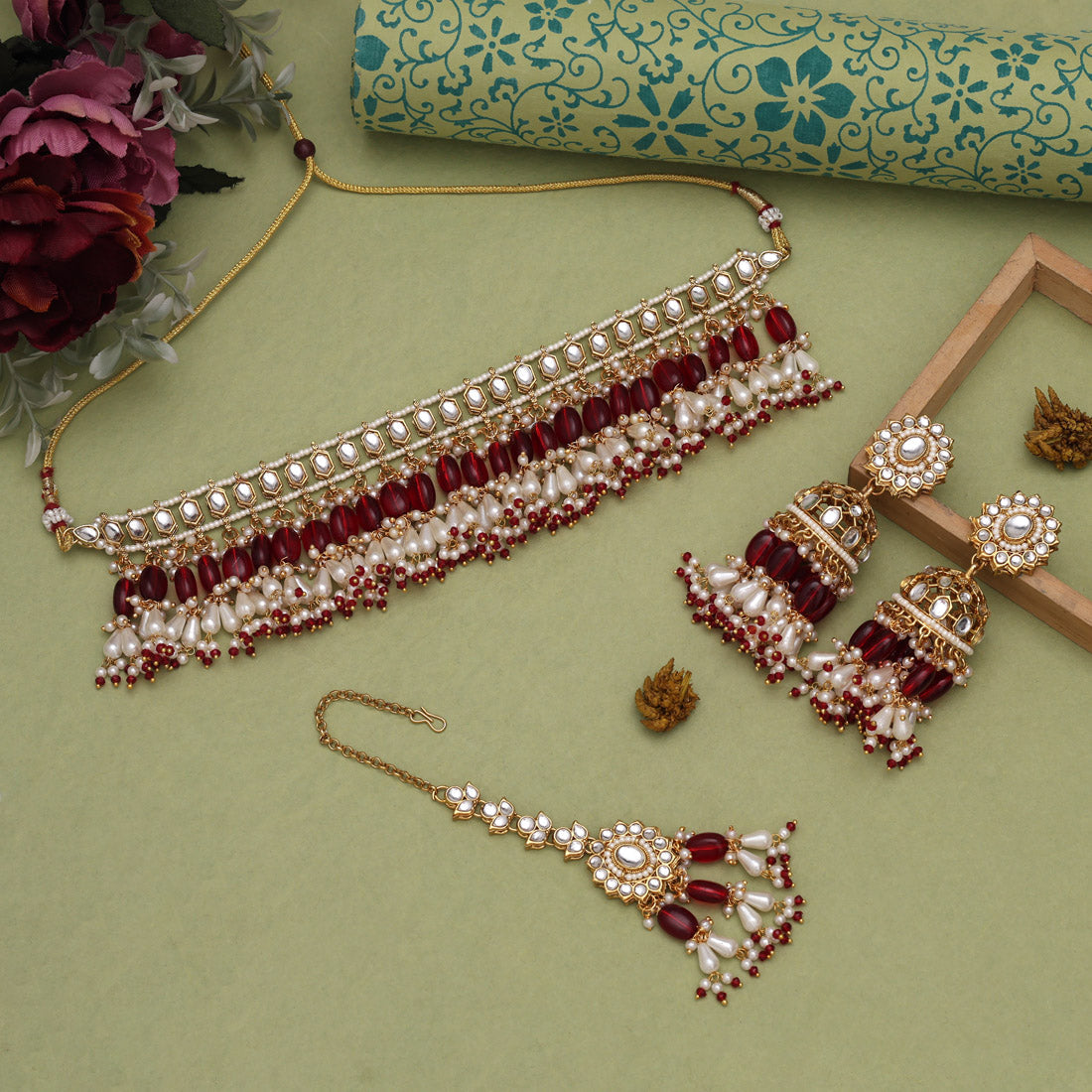 Elegant Maroon Color Kundan Necklace Set Jewellery GetGlit