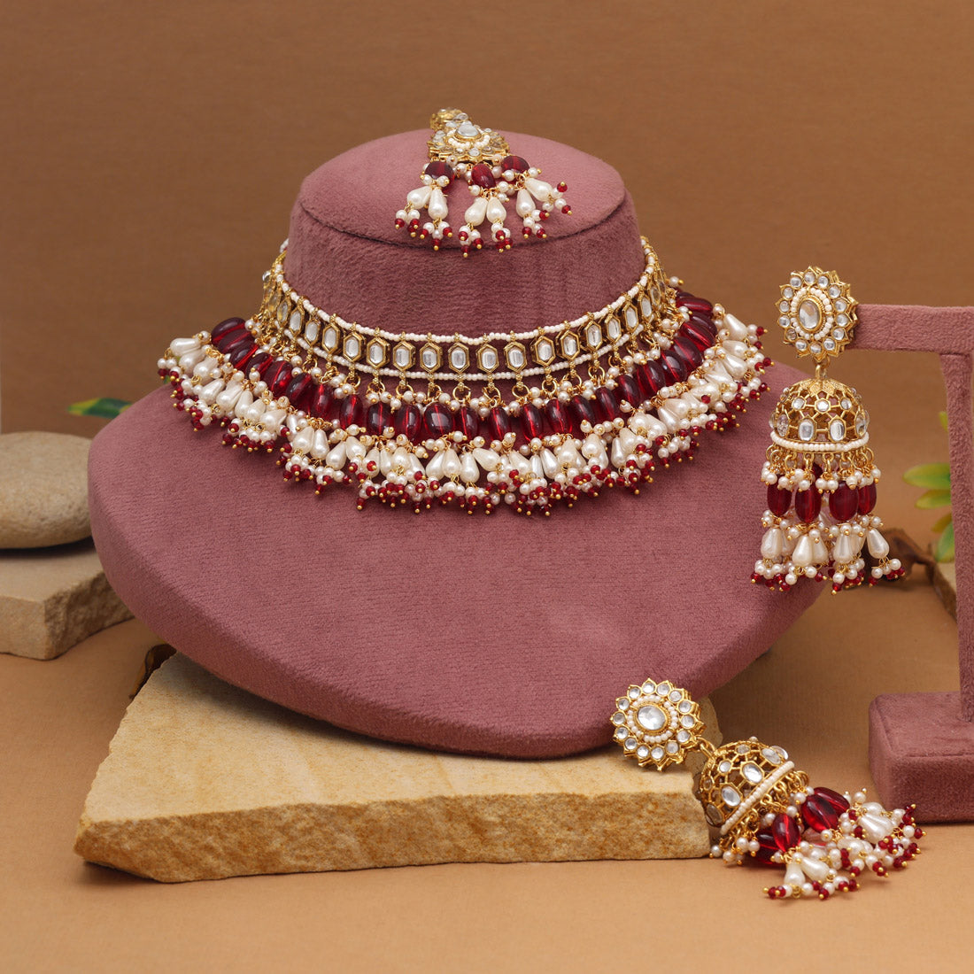 Elegant Maroon Color Kundan Necklace Set Jewellery GetGlit