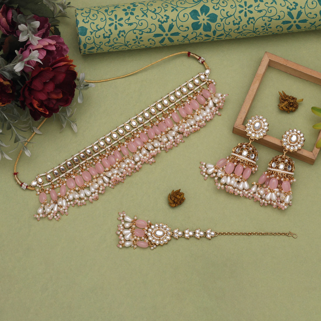 Soft Pink Color Kundan Necklace Set Jewellery GetGlit