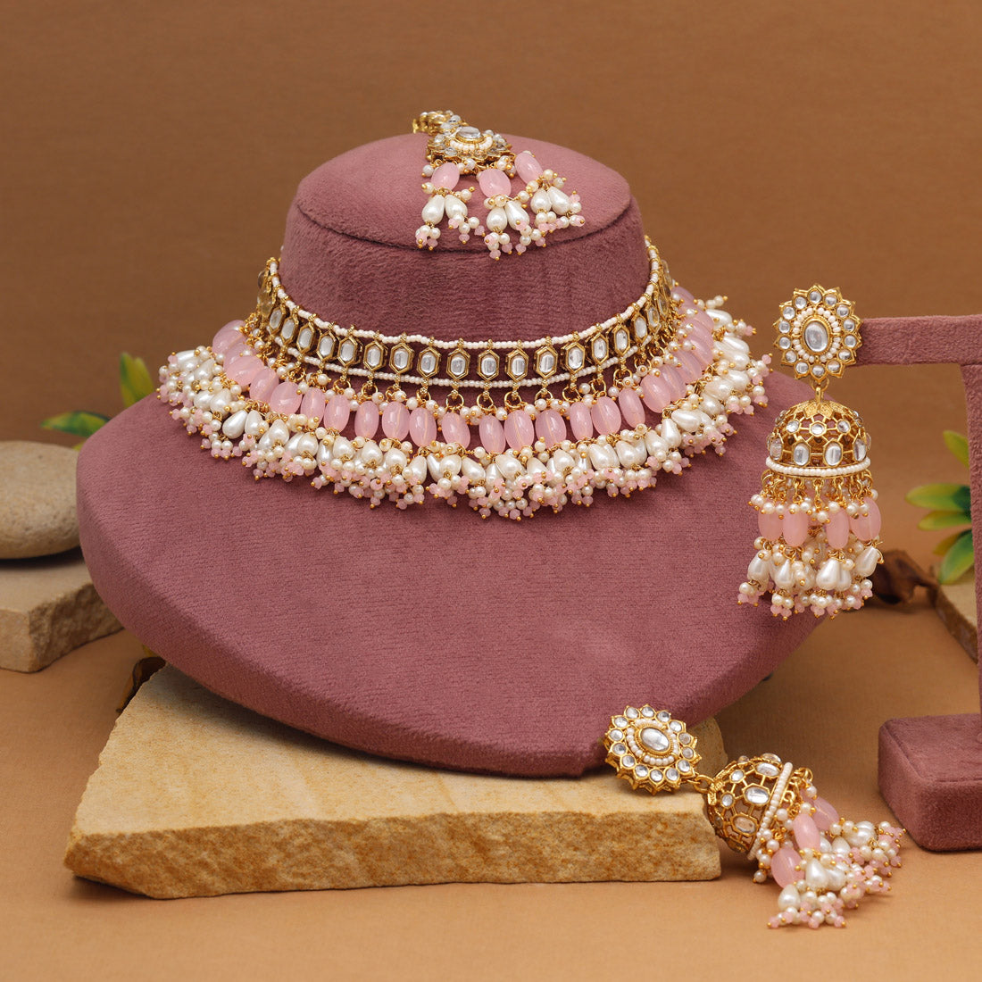 Soft Pink Color Kundan Necklace Set Jewellery GetGlit