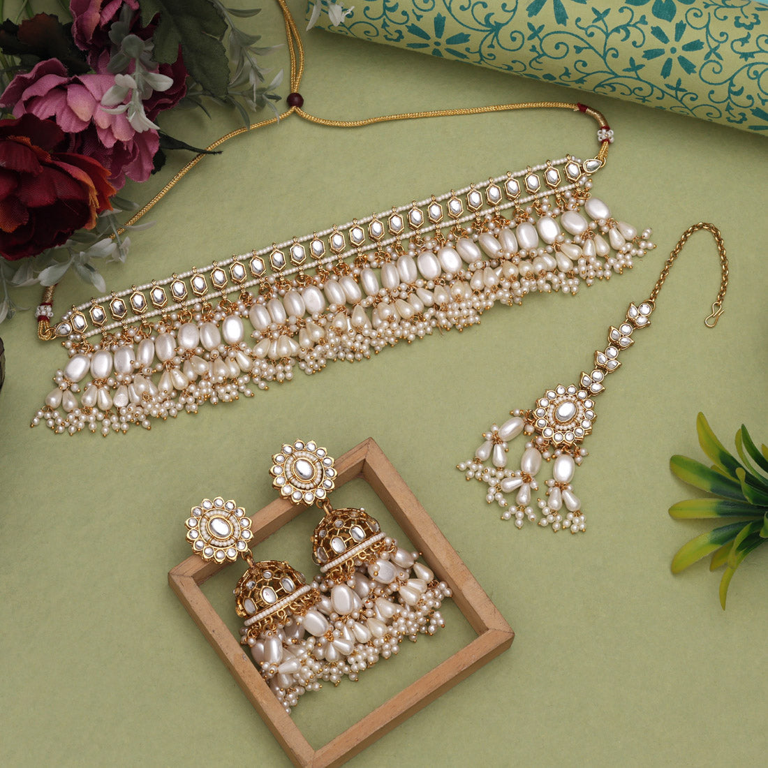 Crystal White Color Kundan Necklace Set Jewellery GetGlit