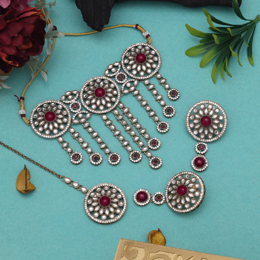 Bold Magenta Color Choker Kundan Necklace Set Jewellery GetGlit