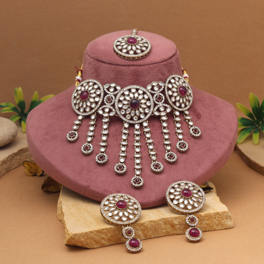 Bold Magenta Color Choker Kundan Necklace Set Jewellery GetGlit