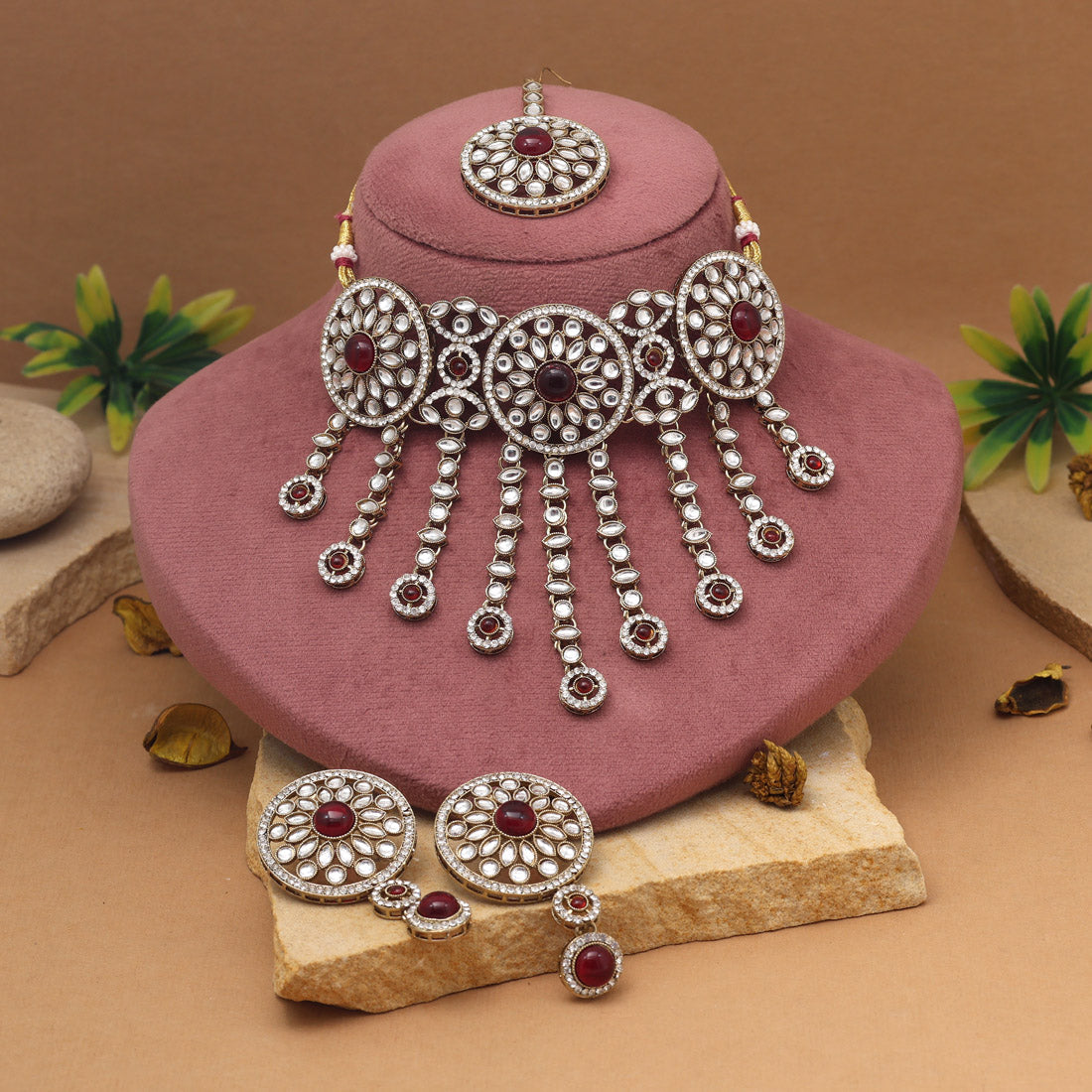 Wine Maroon Color Choker Kundan Necklace Set Jewellery GetGlit