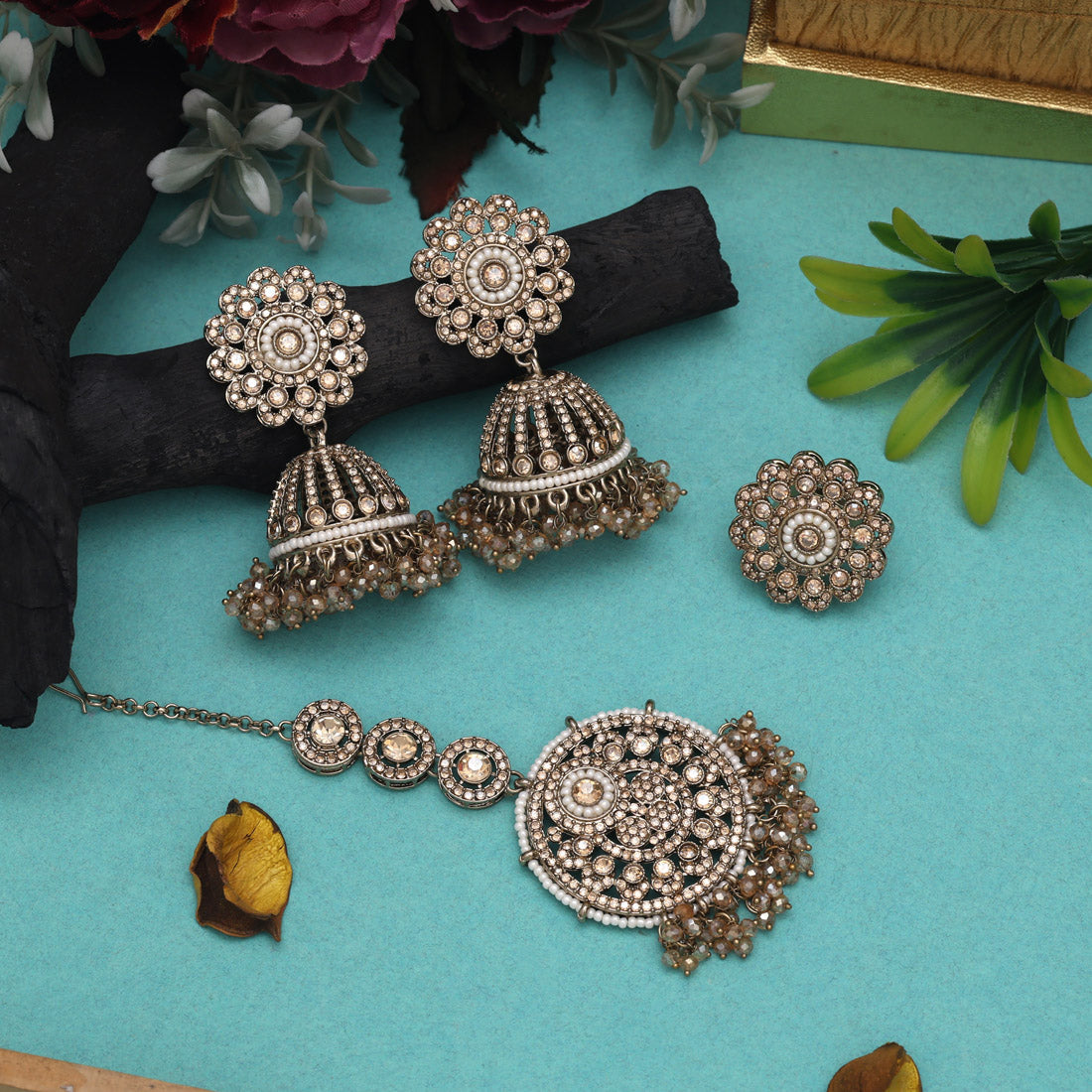 Antique Gold Color Pakistani Kundan Necklace Set Jewellery GetGlit