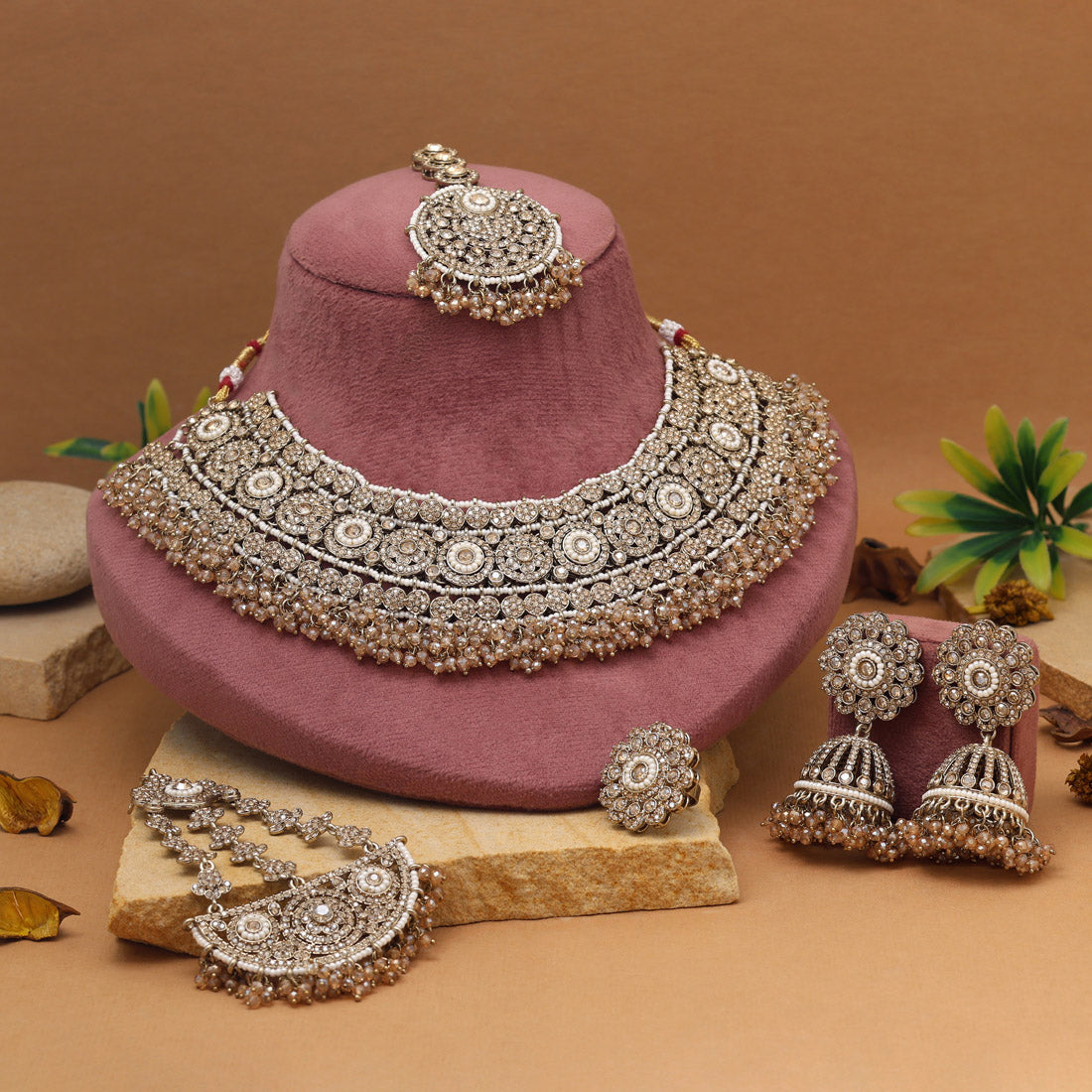 Antique Gold Color Pakistani Kundan Necklace Set Jewellery GetGlit