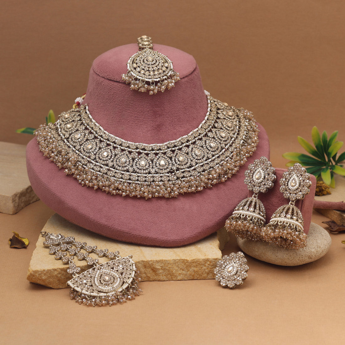 Traditional Gold Color Pakistani Kundan Necklace Set Jewellery GetGlit