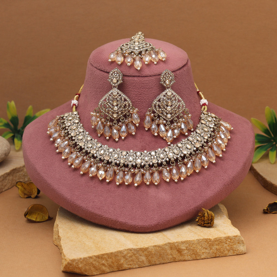 Premium Gold Color Pakistani Kundan Necklace Set Jewellery GetGlit