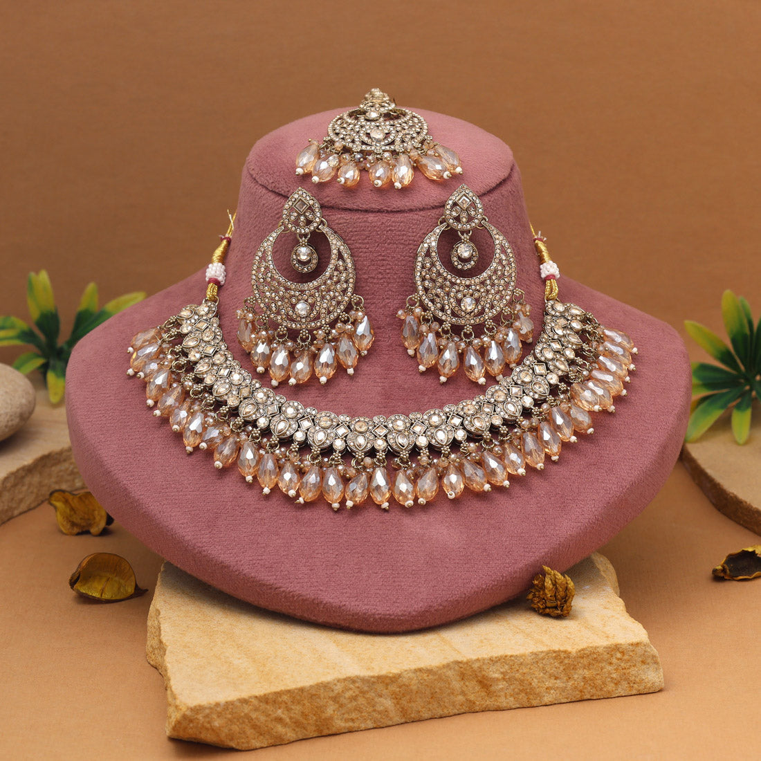 Opulent Gold Color Pakistani Kundan Necklace Set Jewellery GetGlit