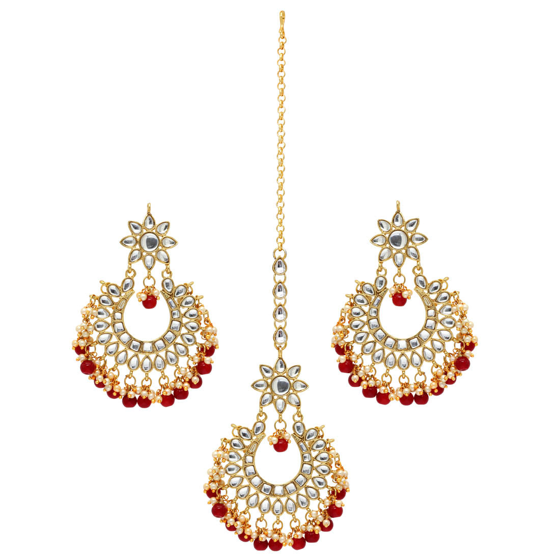 Maroon Color Imitation Pearl Kundan Necklace With Earrings & Maang Tikka For Women Jewellery GetGlit