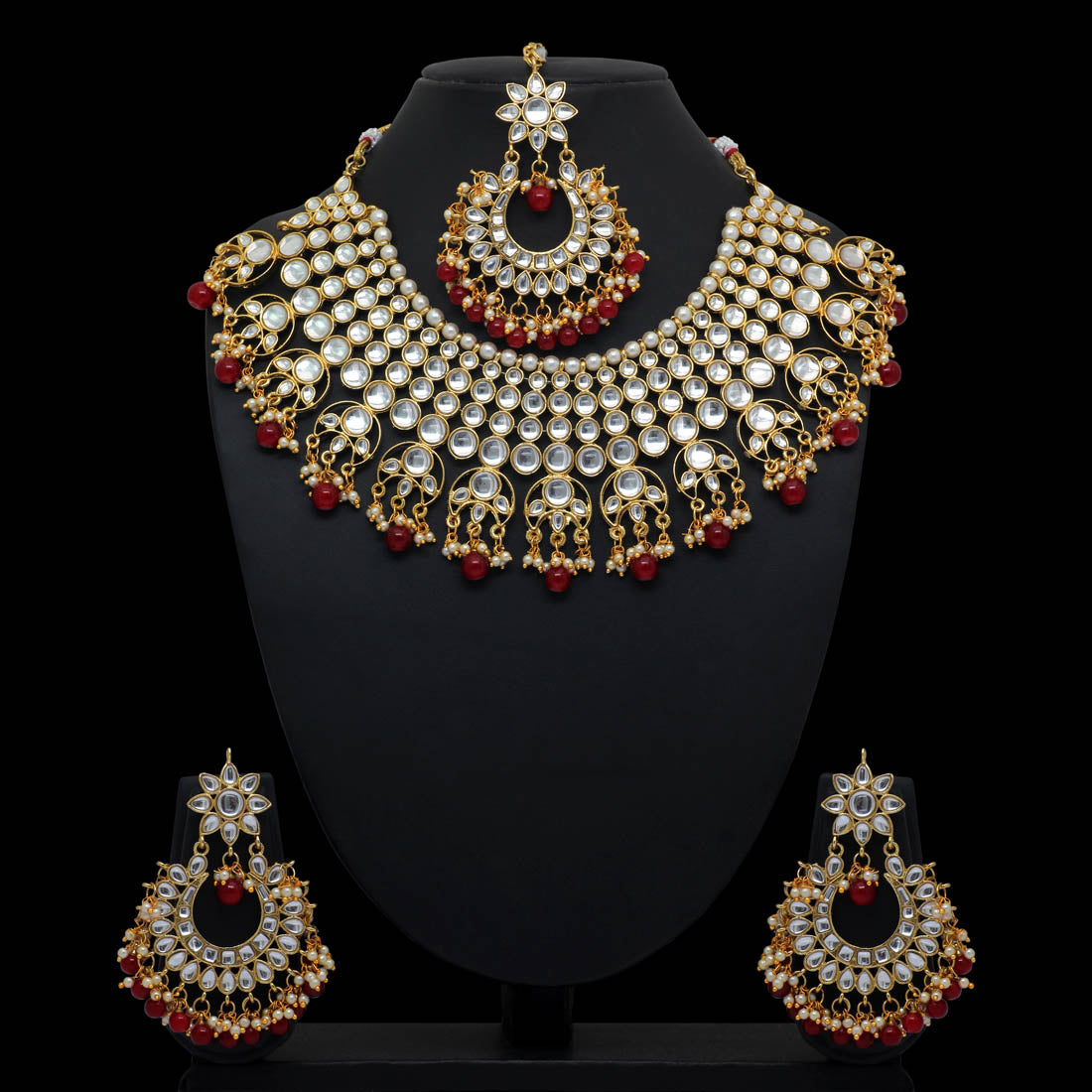 Maroon Color Imitation Pearl Kundan Necklace With Earrings & Maang Tikka For Women Jewellery GetGlit