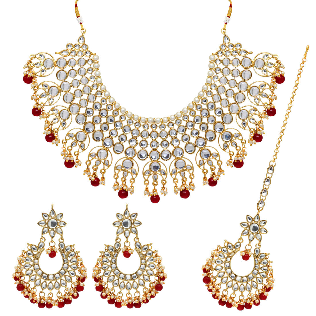 Maroon Color Imitation Pearl Kundan Necklace With Earrings & Maang Tikka For Women Jewellery GetGlit