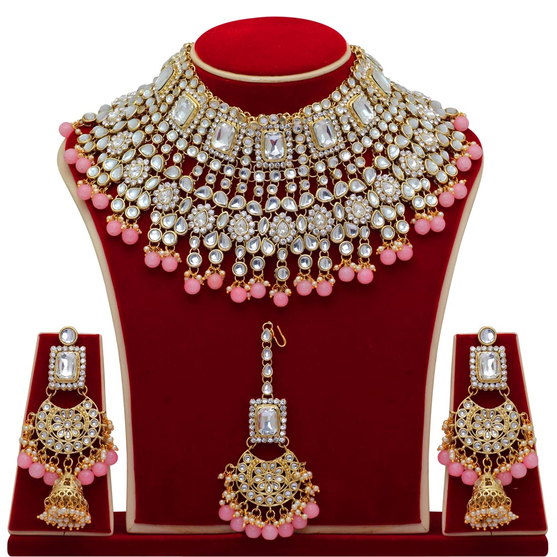 Peach Color Kundan Bridal Necklace With Earrings & Maang Tikka Jewellery GetGlit