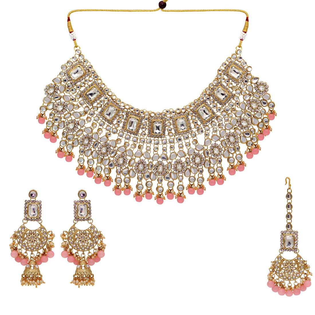 Peach Color Kundan Bridal Necklace With Earrings & Maang Tikka Jewellery GetGlit