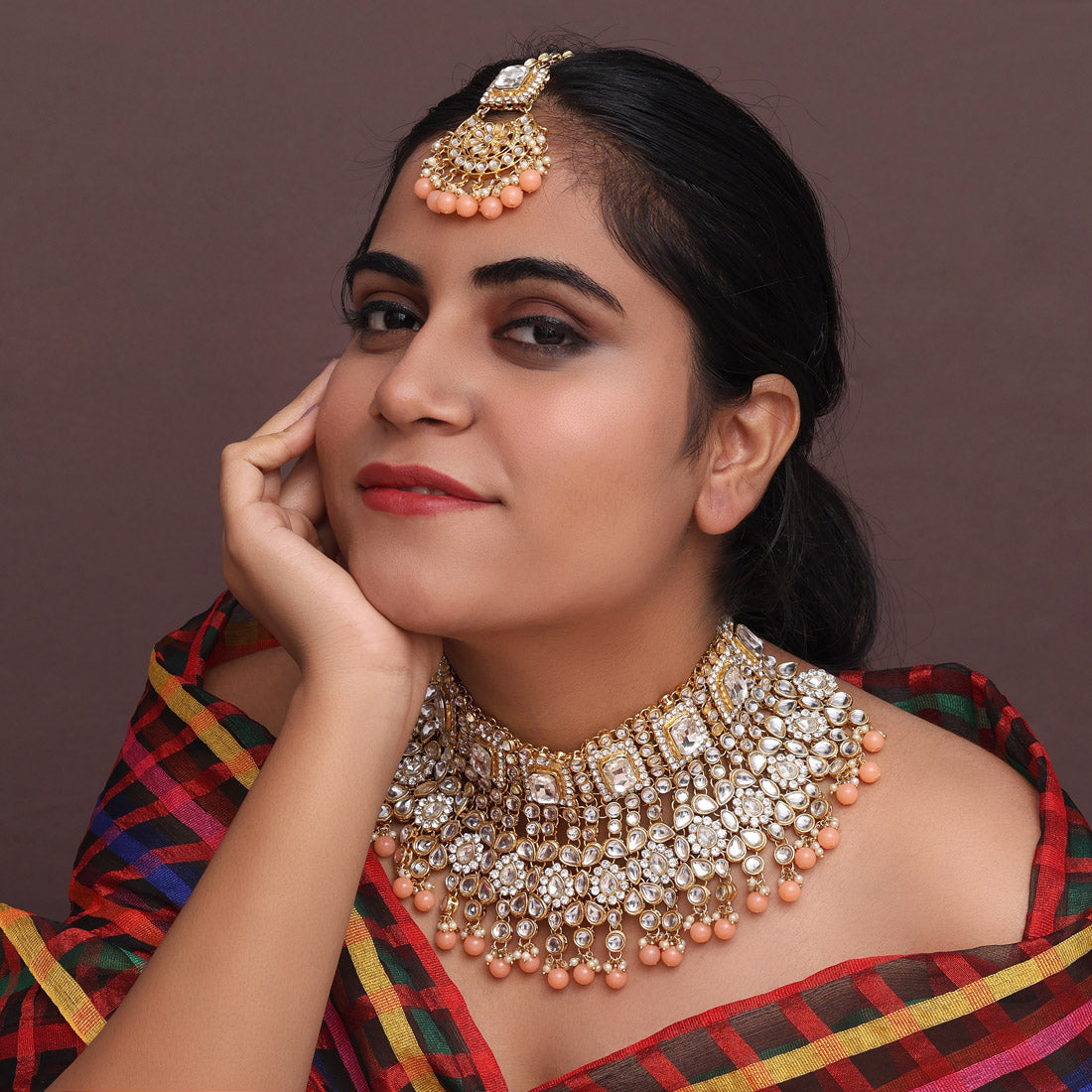 Peach Color Kundan Bridal Necklace With Earrings & Maang Tikka Jewellery GetGlit