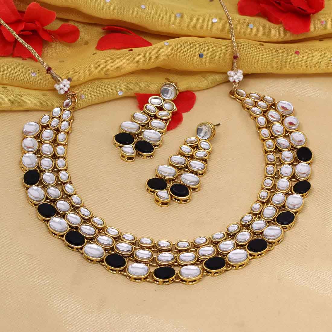 Black Color Kundan Necklace Set Jewellery GetGlit