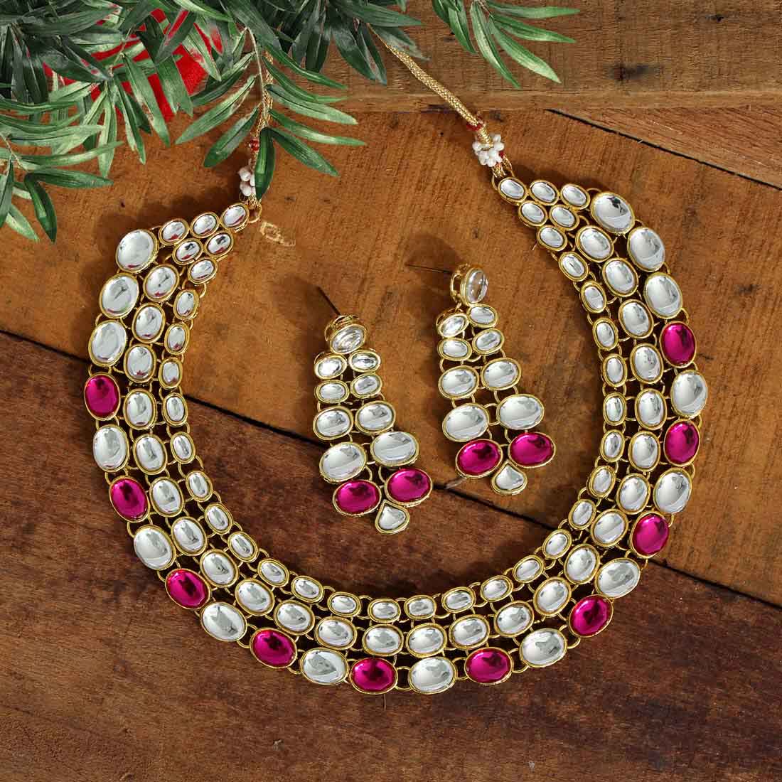 Rani Color Kundan Necklace Set Jewellery GetGlit