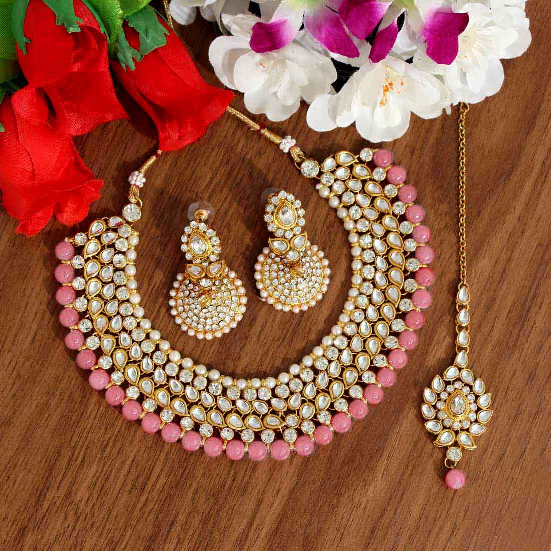 Pink Color Kundan Necklace Set Jewellery GlitStudio
