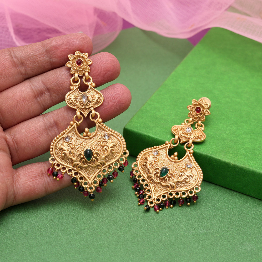 Rani & Green Color Rajwadi Matte Gold Earrings (MGE312RNIGRN) Jewellery GetGlit