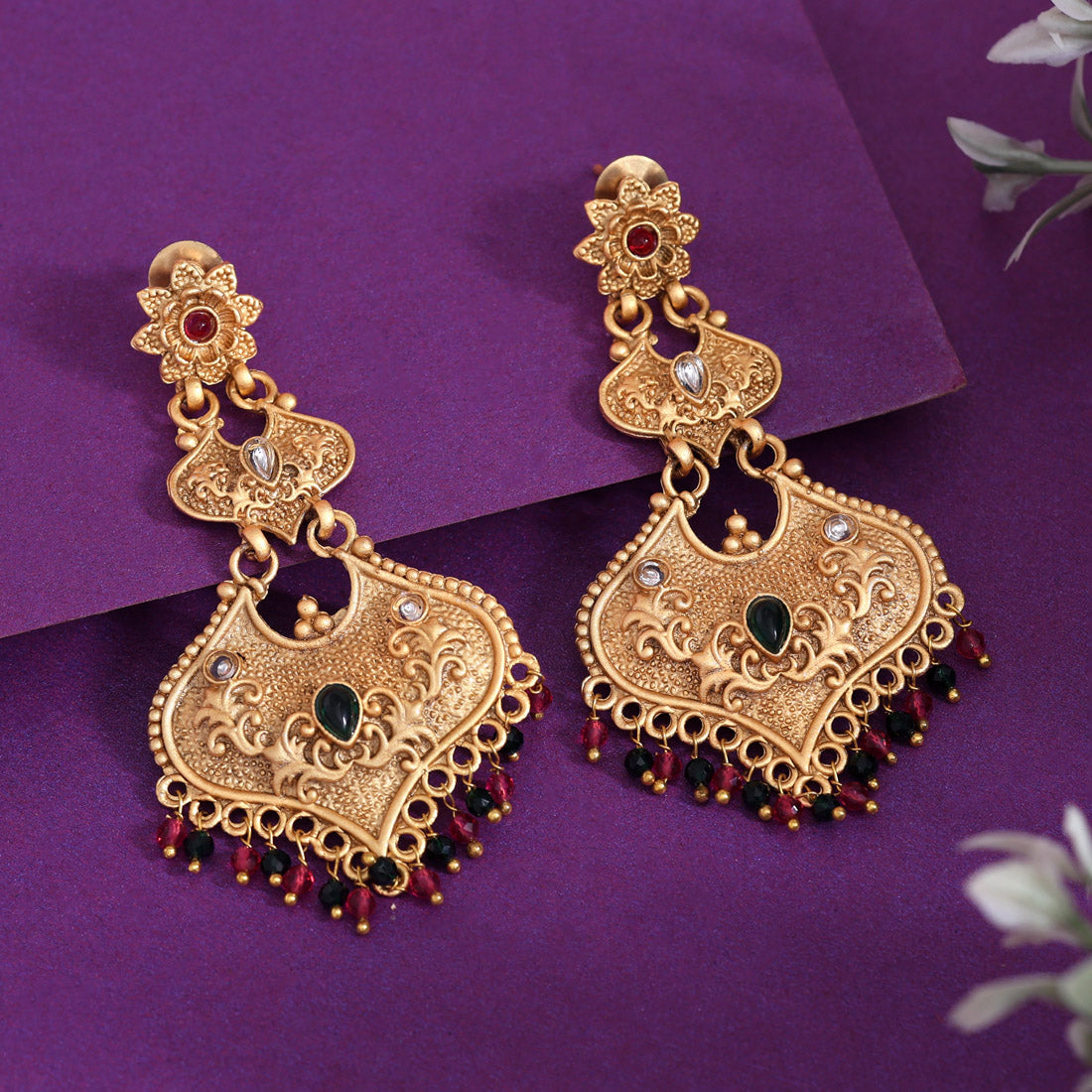 Rani & Green Color Rajwadi Matte Gold Earrings (MGE312RNIGRN) Jewellery GetGlit