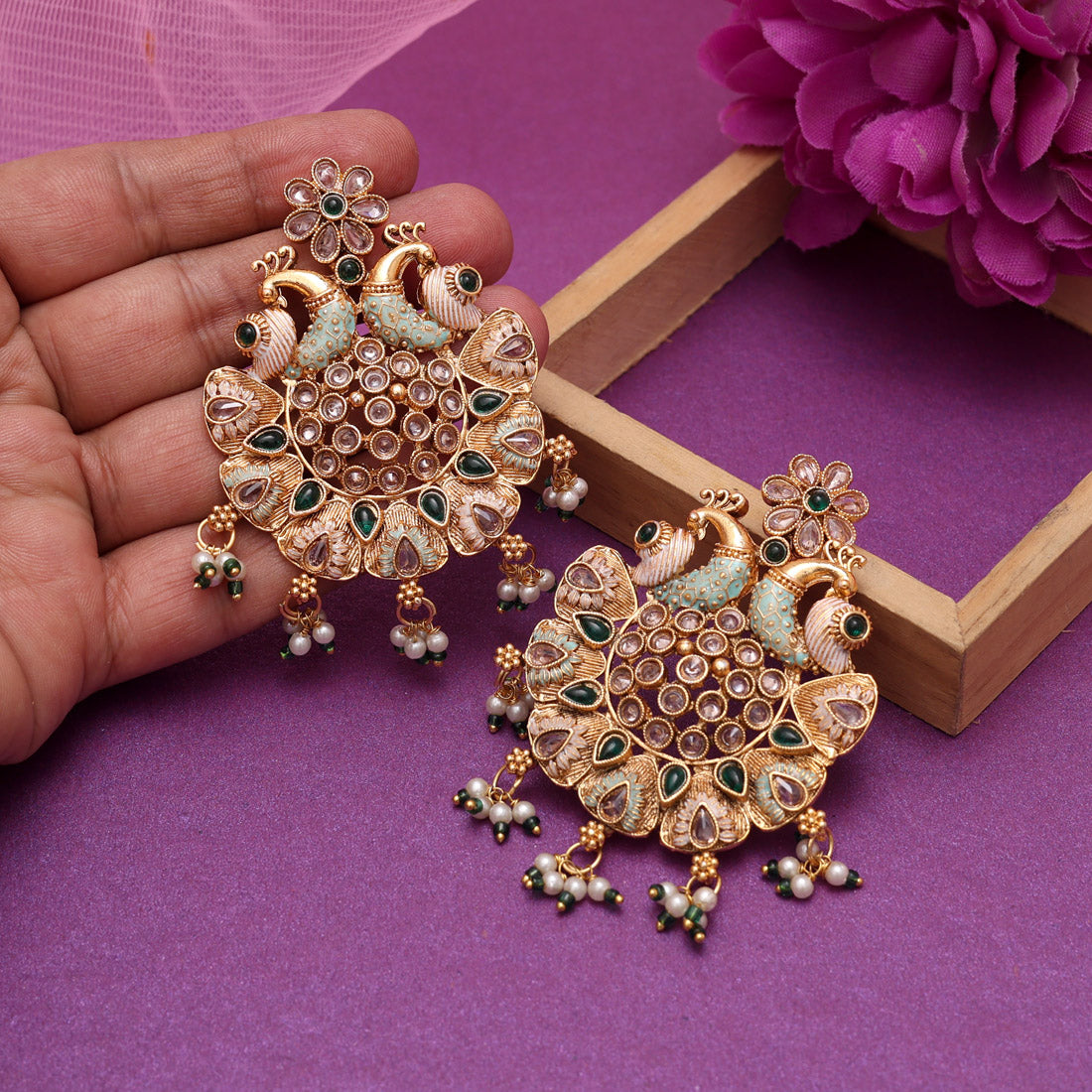 Green Color Rajwadi Matte Gold Earrings (MGE315GRN) Jewellery GetGlit