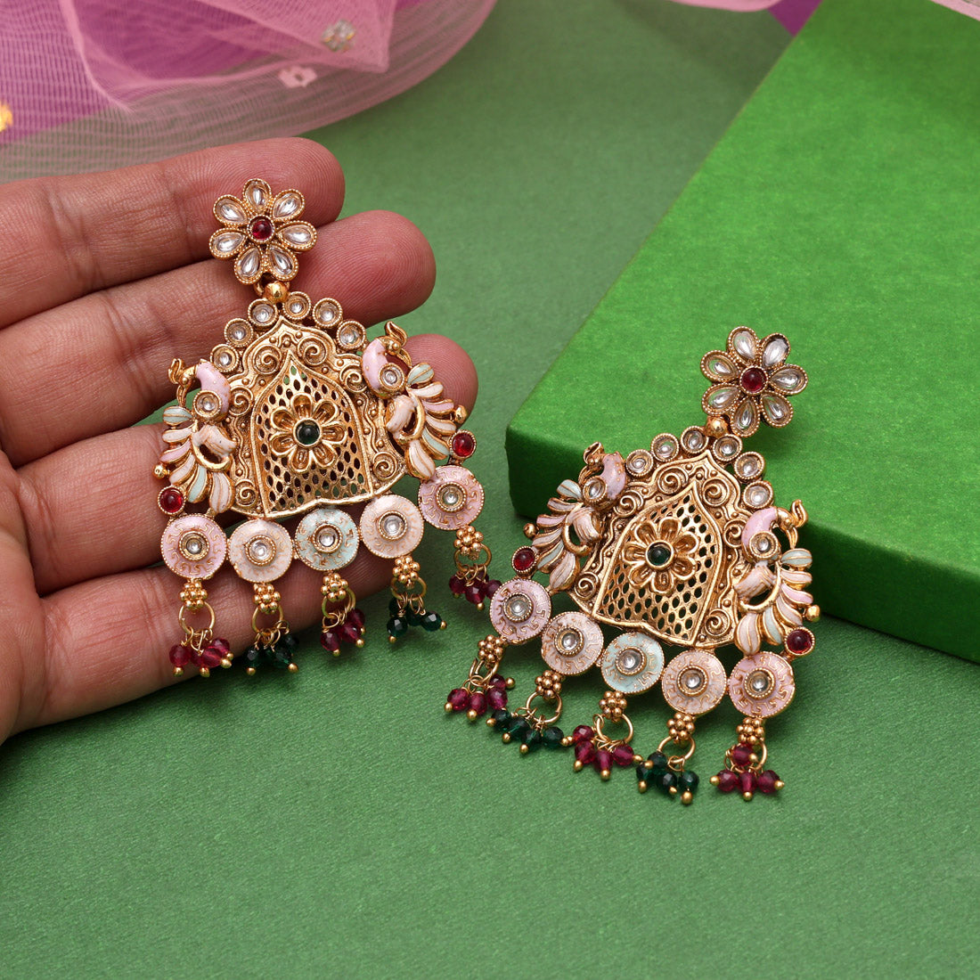 Multi Color Rajwadi Matte Gold Earrings (MGE316MLT) Jewellery GetGlit