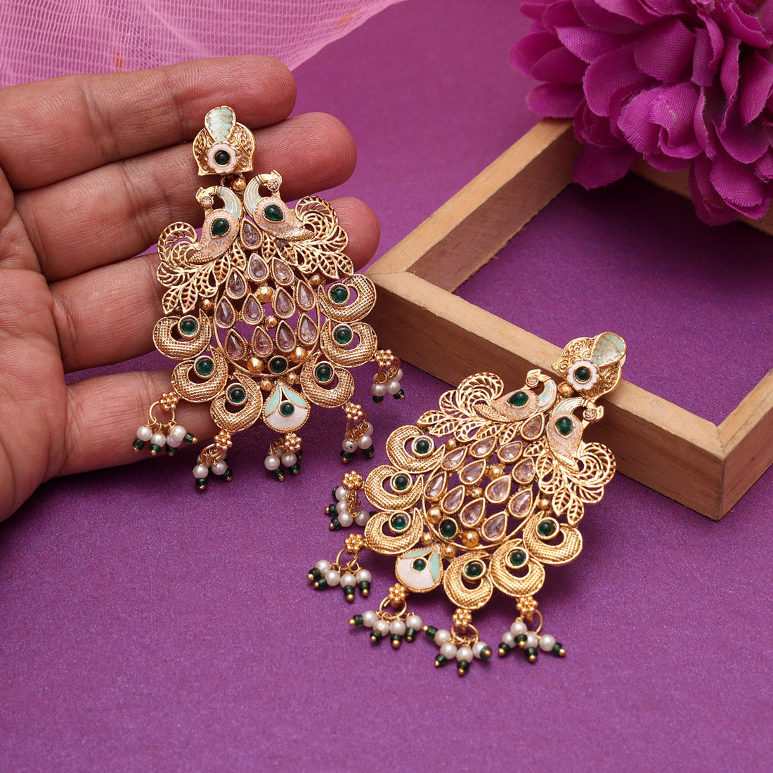 Green Color Rajwadi Matte Gold Earrings (MGE317GRN) Jewellery GetGlit