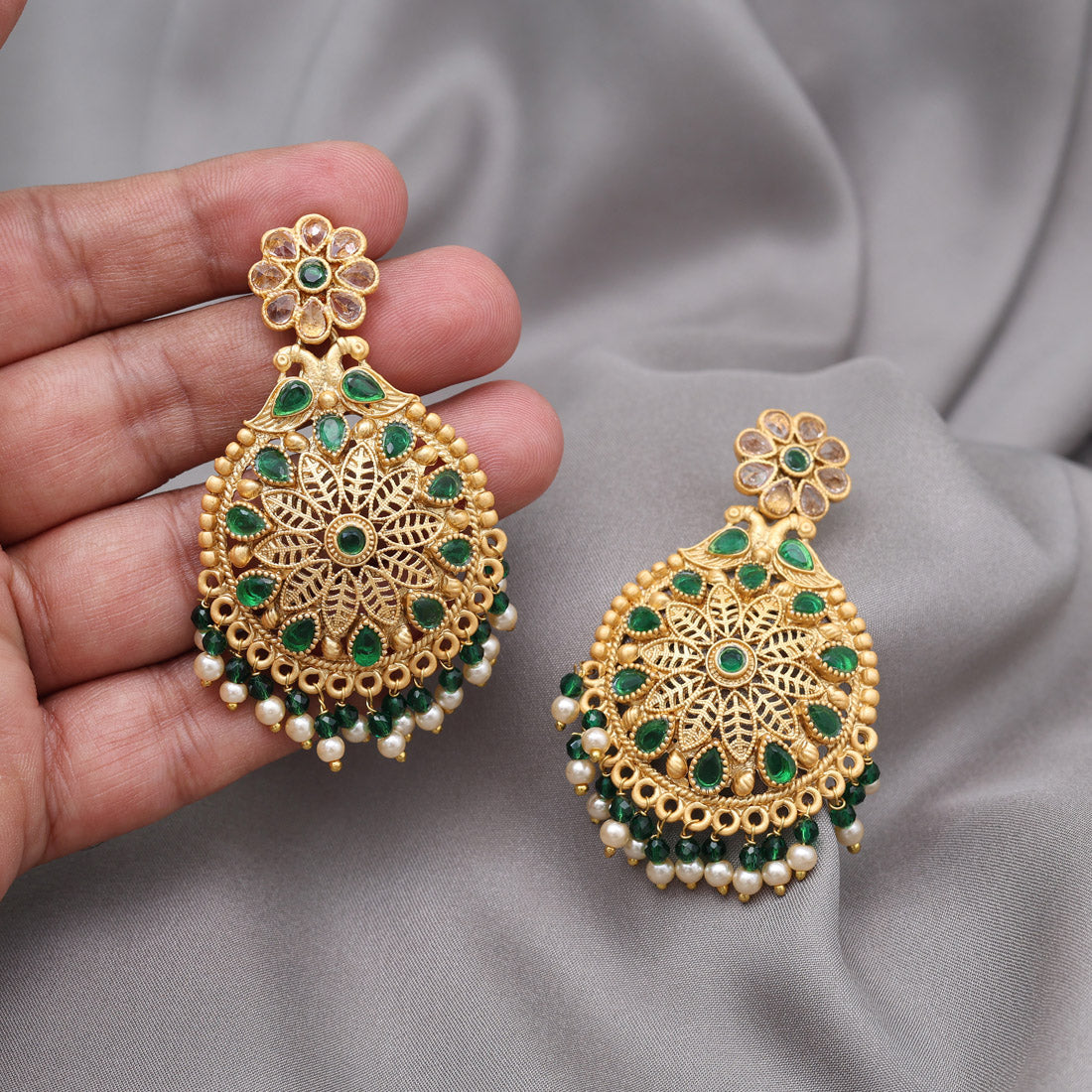 Green Color Rajwadi Matte Gold Earrings (MGE323GRN) Jewellery GetGlit