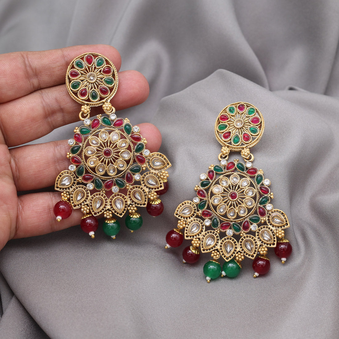 Maroon & Green Color Rajwadi Matte Gold Earrings (MGE328MG) Jewellery GetGlit