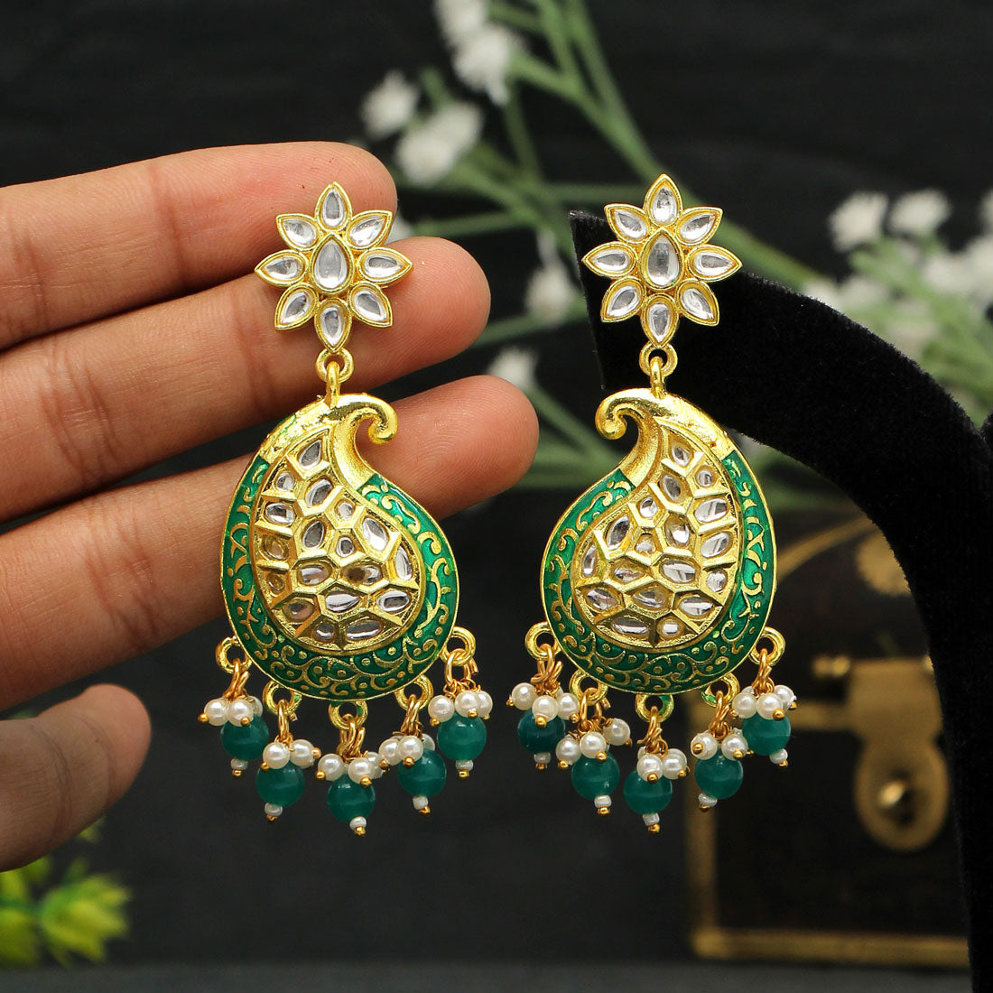 Green Color Meenakari Earrings Jewellery GetGlit