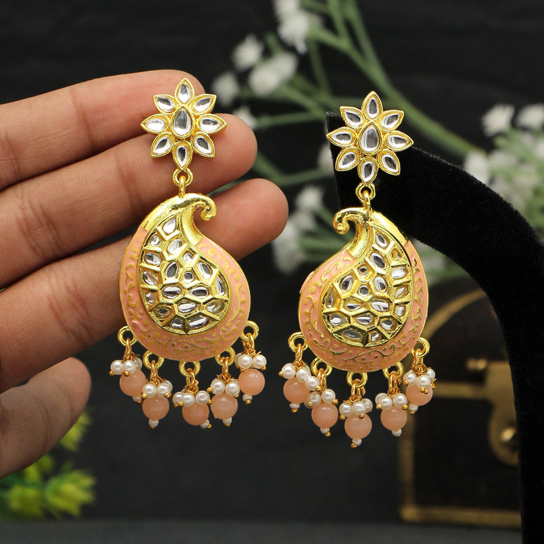 Peach Color Meenakari Earrings Jewellery GetGlit