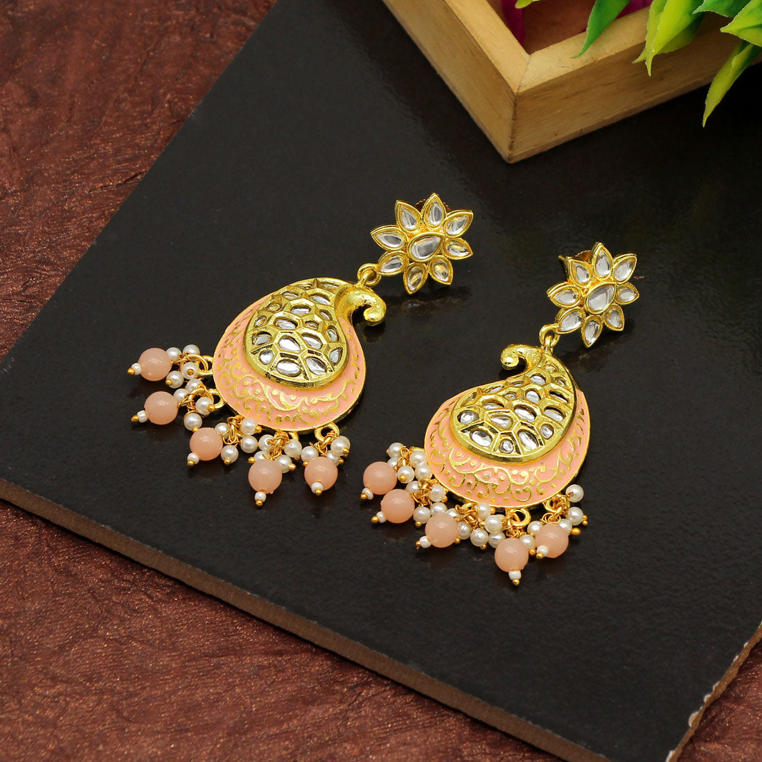 Peach Color Meenakari Earrings Jewellery GetGlit