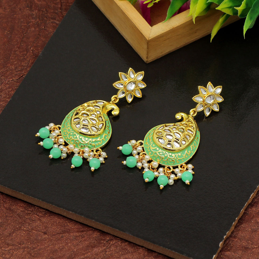 Parrot Green Color Meenakari Earrings Jewellery GetGlit