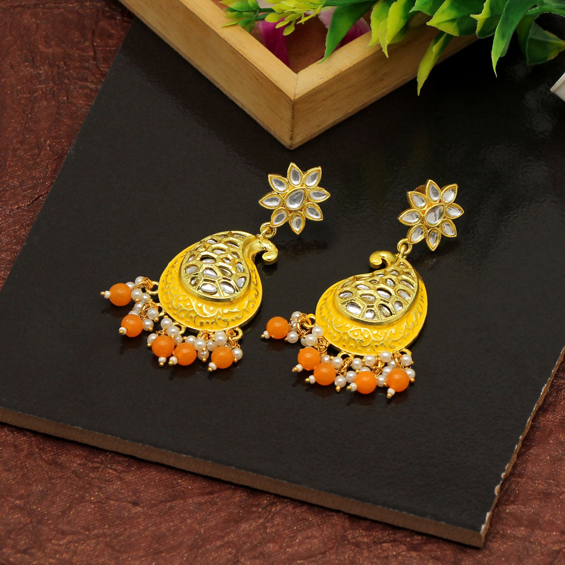 Yellow Color Meenakari Earrings Jewellery GetGlit