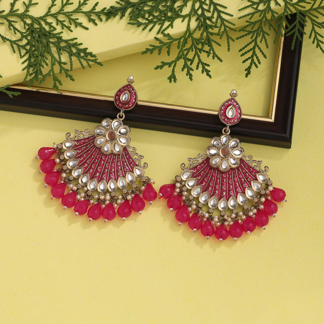 Rani Color Kundan Meenakari Earrings Jewellery GetGlit