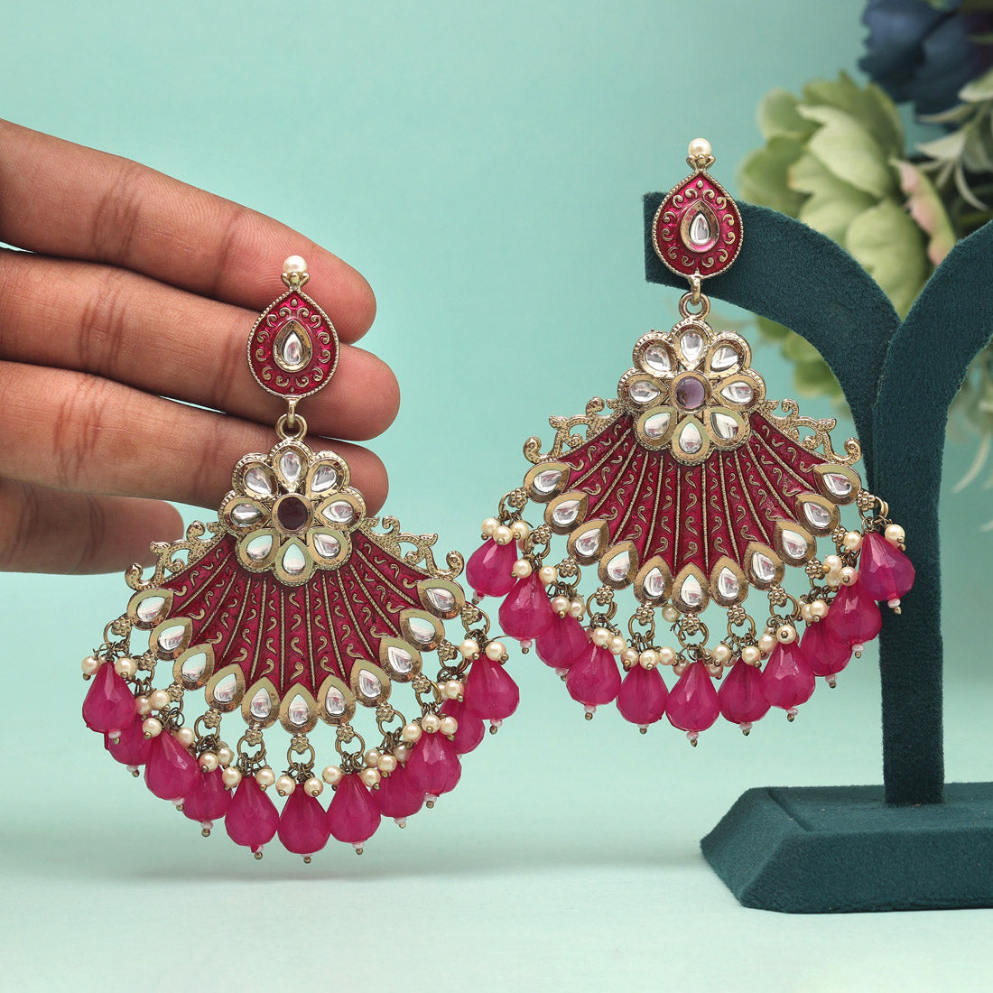 Rani Color Kundan Meenakari Earrings Jewellery GetGlit