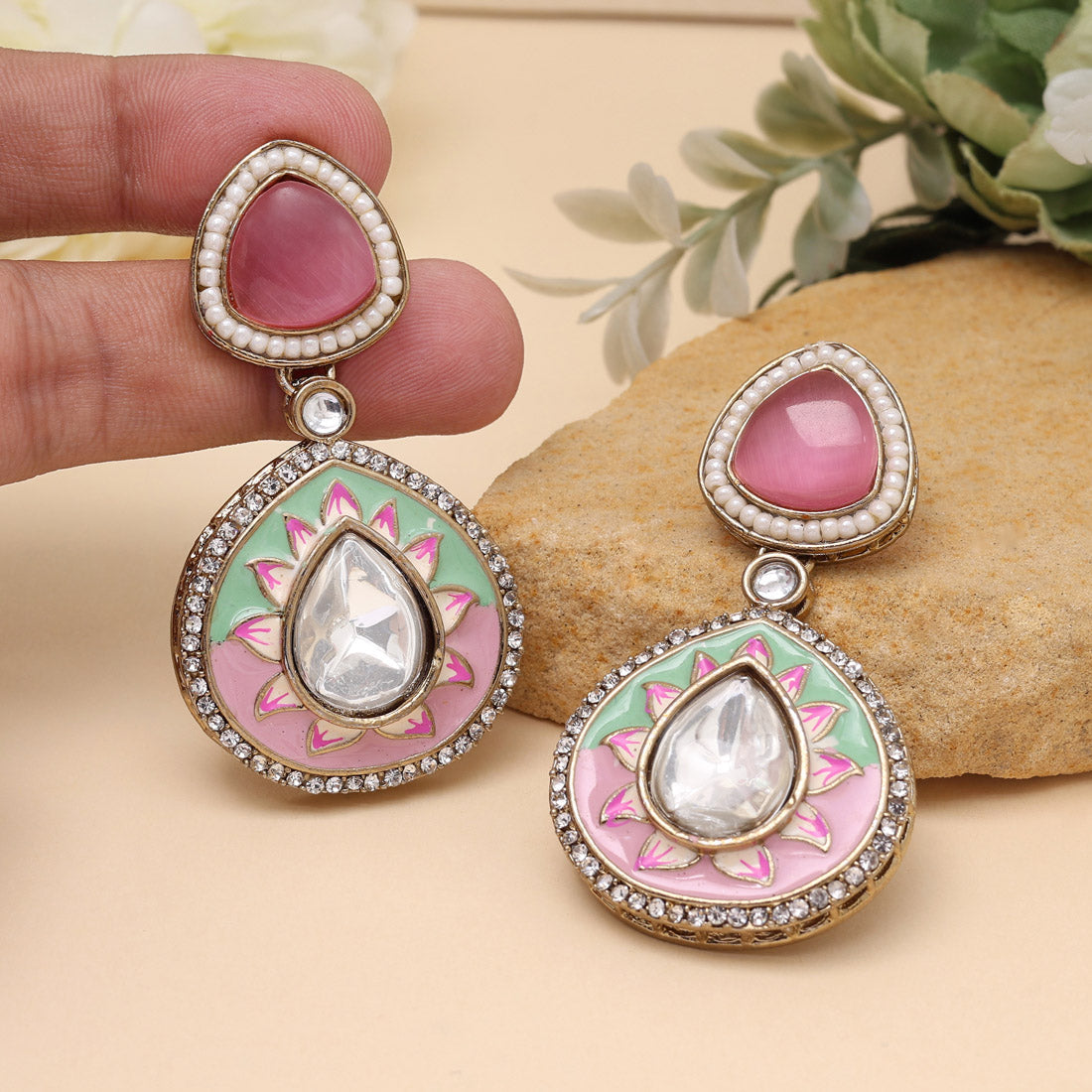 Pink & Pista Green Color Meenakari Earrings (MKE2004PNKPGRN) Jewellery GetGlit