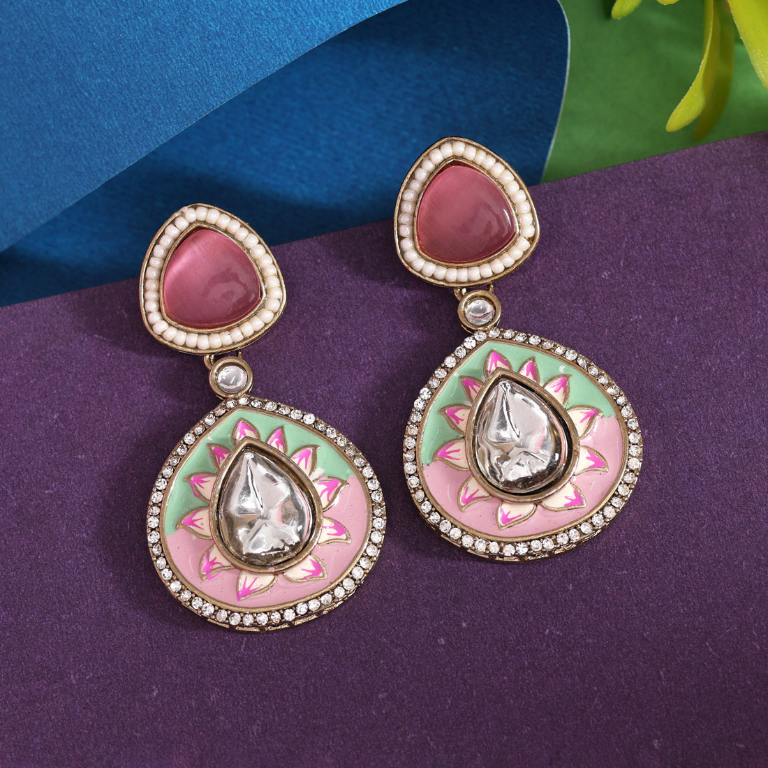 Pink & Pista Green Color Meenakari Earrings (MKE2004PNKPGRN) Jewellery GetGlit