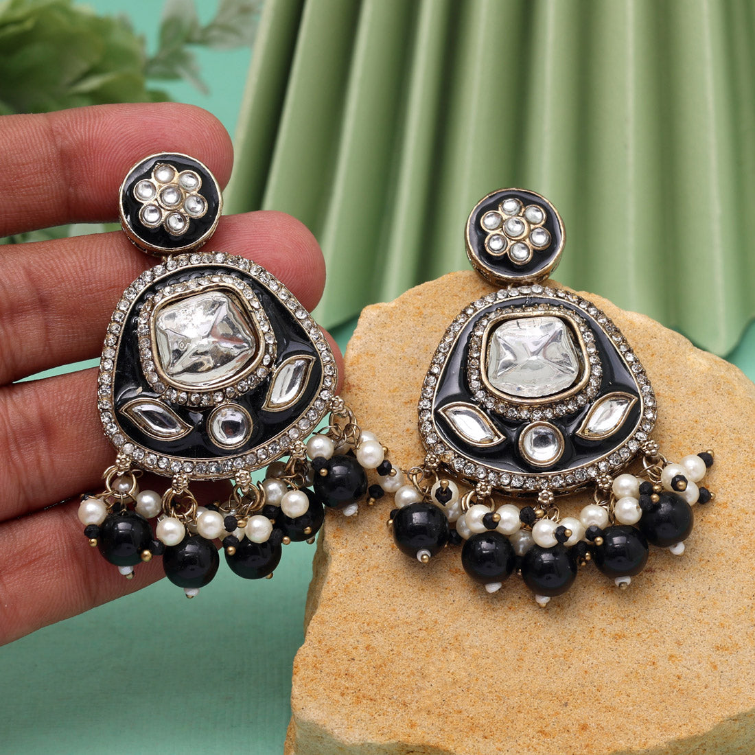 Black Color Kundan Meenakari Earrings (MKE2005BLK) Jewellery GetGlit