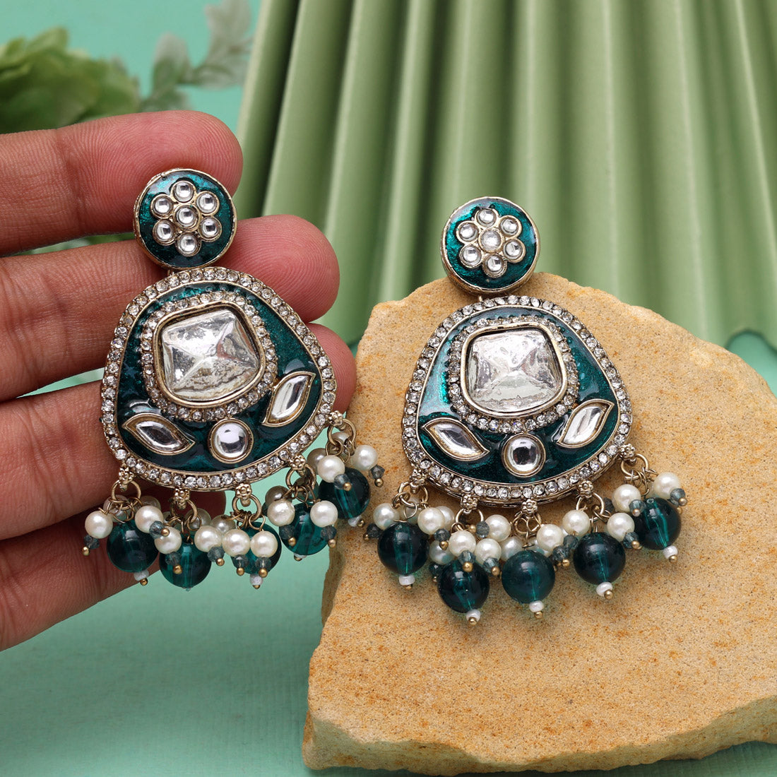 Turquoise Blue Color Kundan Meenakari Earrings (MKE2005TBLU) Jewellery GetGlit