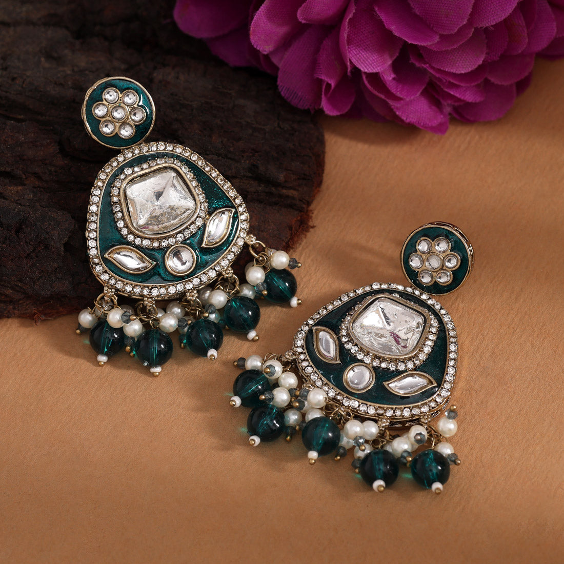 Turquoise Blue Color Kundan Meenakari Earrings (MKE2005TBLU) Jewellery GetGlit