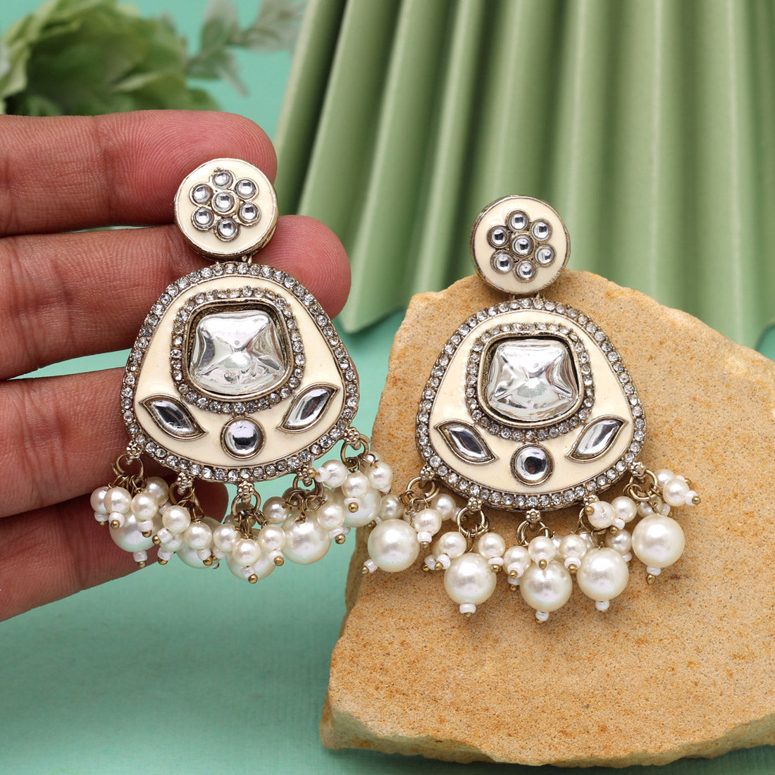 White Color Kundan Meenakari Earrings (MKE2005WHT) Jewellery GetGlit