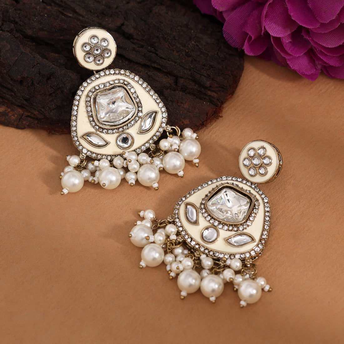 White Color Kundan Meenakari Earrings (MKE2005WHT) Jewellery GetGlit