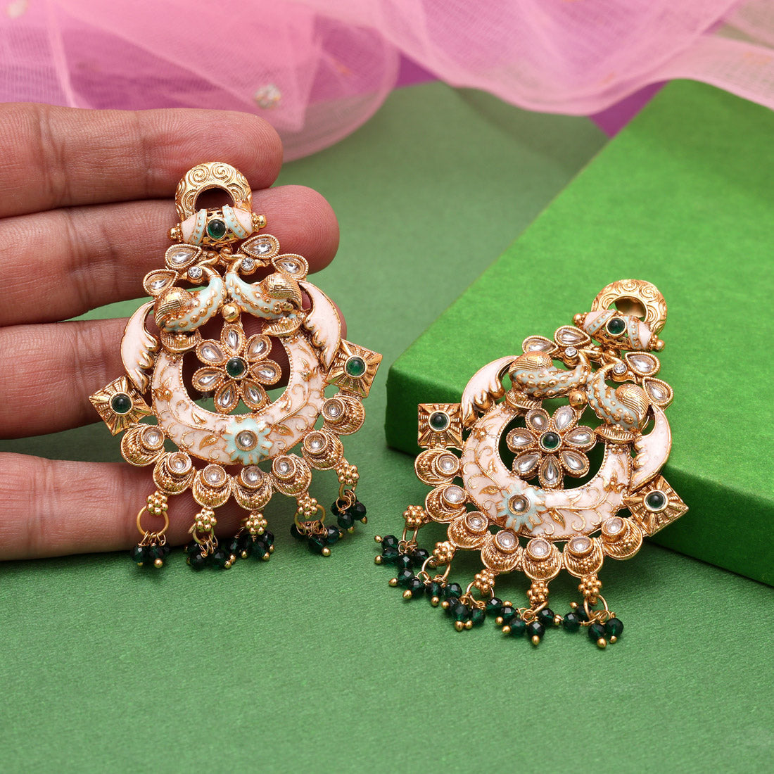 Green Color Kundan Meenakari Earrings (MKE2006GRN) Jewellery GetGlit