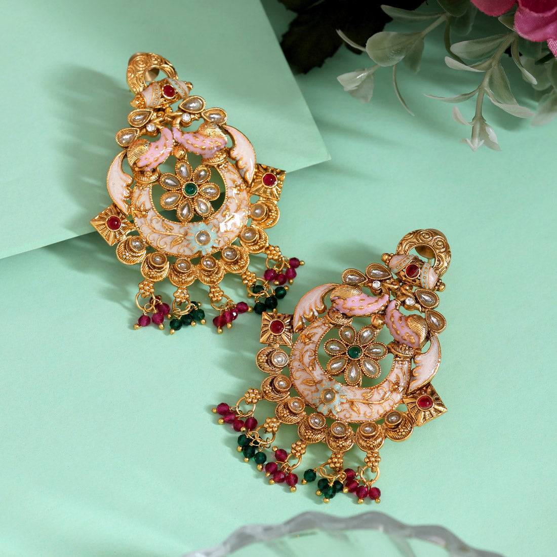 Rani & Green Color Kundan Meenakari Earrings (MKE2006RNIGRN) Jewellery GetGlit