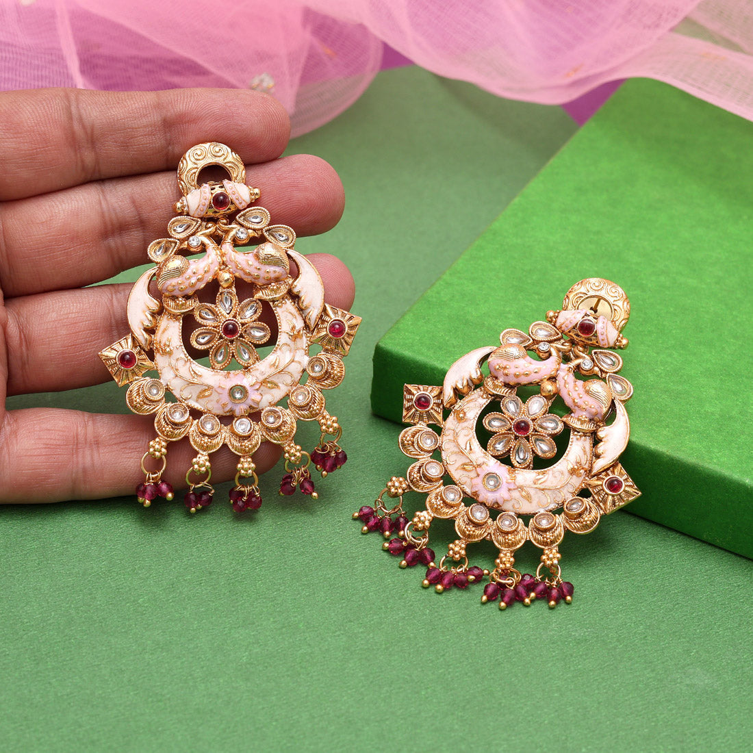 Rani Color Kundan Meenakari Earrings (MKE2006RNI) Jewellery GetGlit